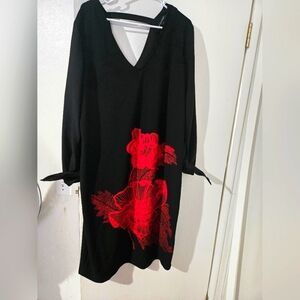 New Ashley Stewart Size 22/24 Elegant Black Dress with Red Floral Design